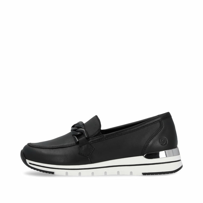 Schwarze remonte Damen Loafer R6711-00 mit einem Gummizug sowie Komfortweite G. Schuh Außenseite.