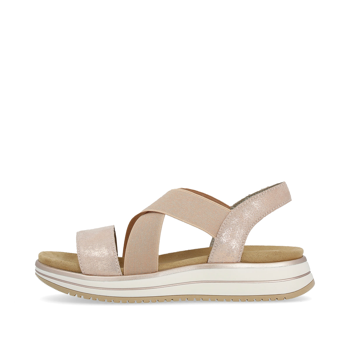 Rosane remonte Riemchensandalen D1J50-31 mit Gummizug sowie weicher Einlegesohle. Schuh Außenseite.