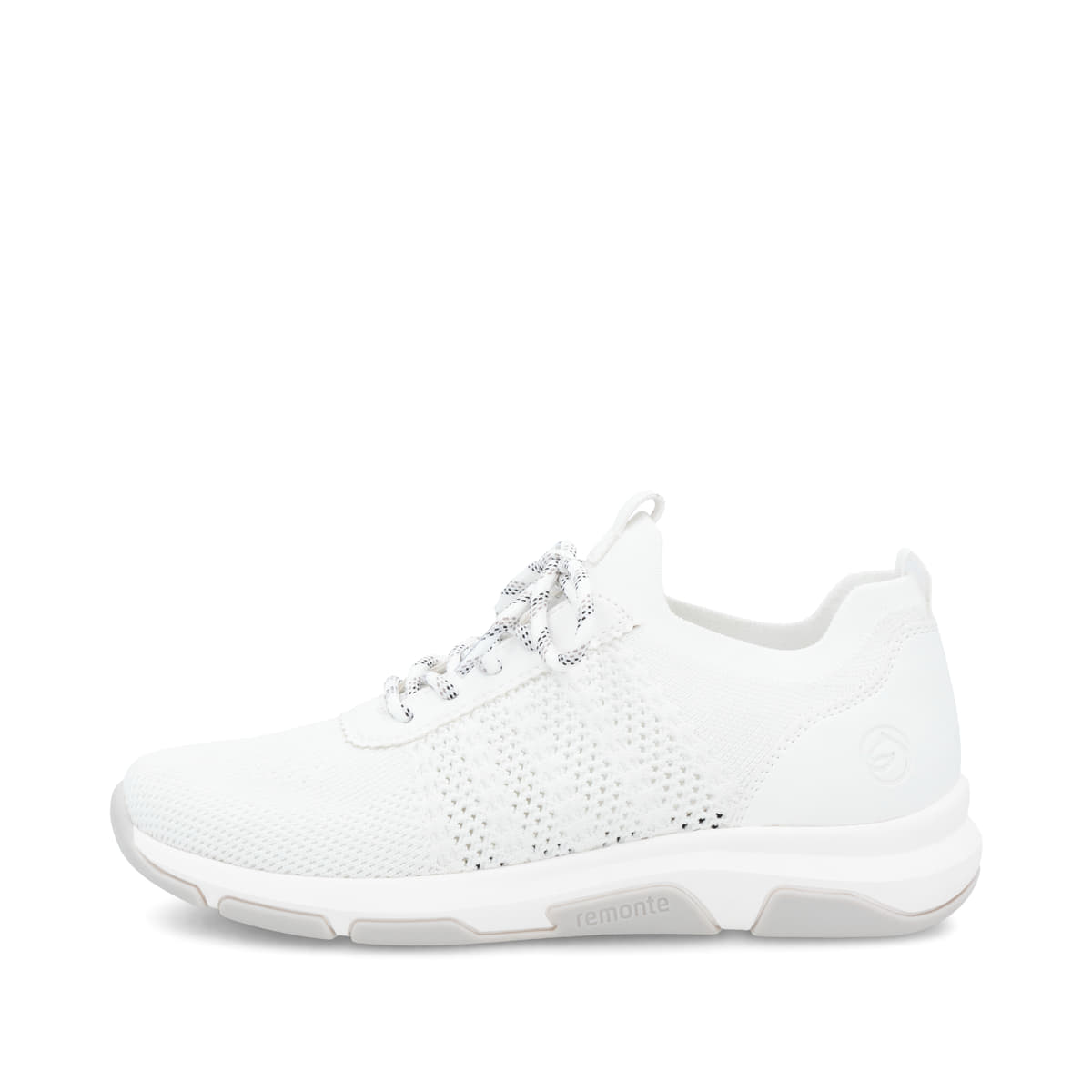 Weiße remonte Damen Slipper D1S05-80 mit einem Gummizug sowie der Komfortweite G. Schuh Außenseite.