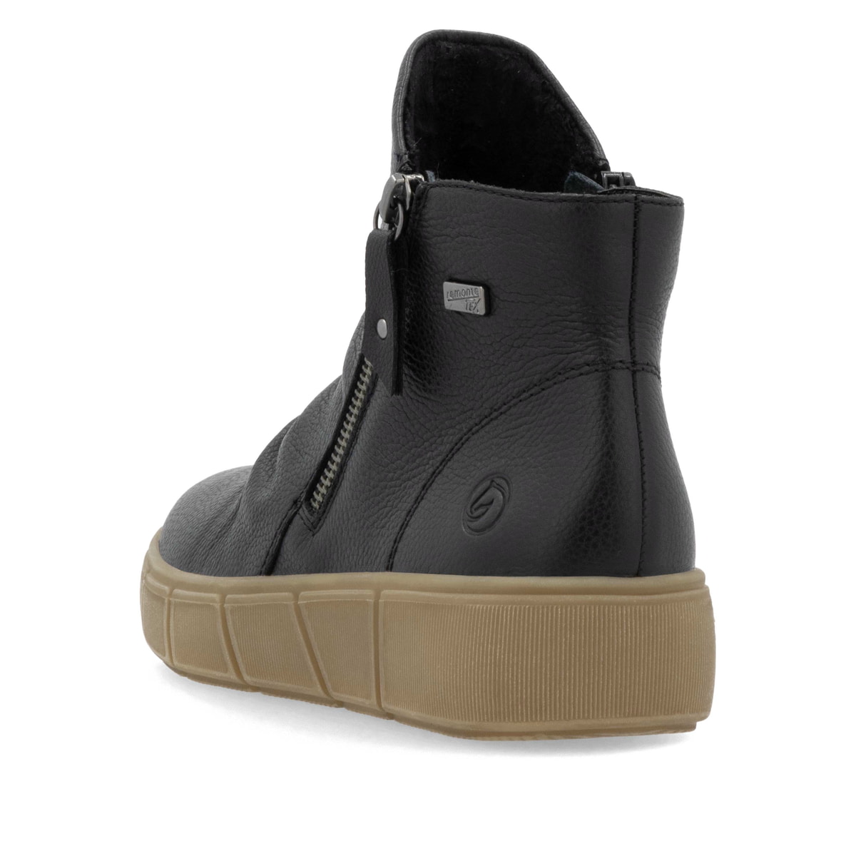 Schwarze remonte Damen Kurzstiefel D1T73-00 mit wasserabweisender TEX-Membran. Schuh von hinten.