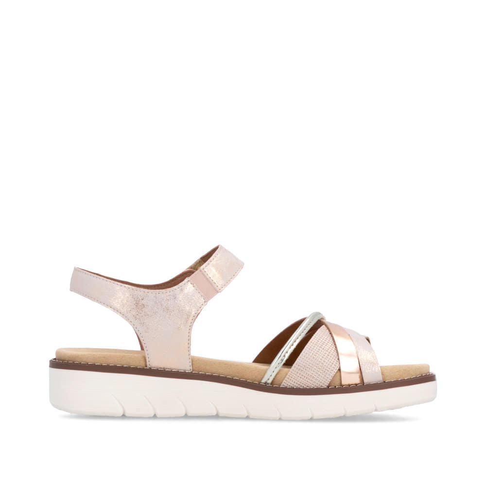 Rosafarbene vegane remonte Riemchensandalen D2058-31 mit einem Klettverschluss. Schuh Innenseite.
