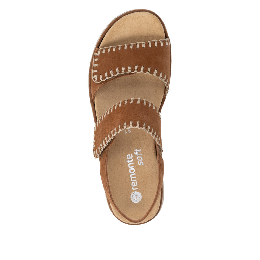 Braune remonte Riemchensandalen D3P50-22 mit handgestickten Nähten. Schuh von oben.