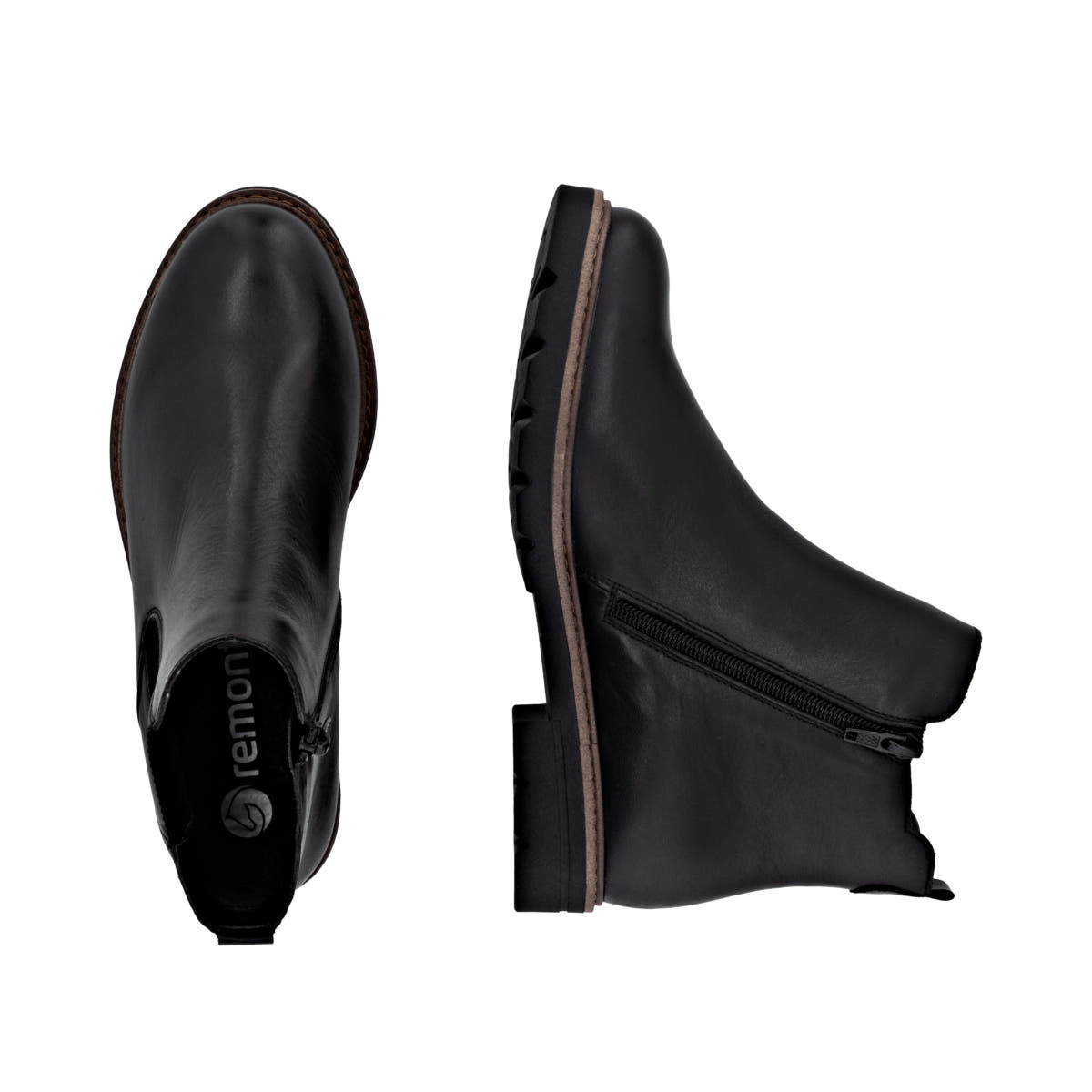 Schwarze remonte Chelsea Boots D2Q70-00 mit wasserabweisender remonteTEX-Membran. Schuh von oben, liegend.