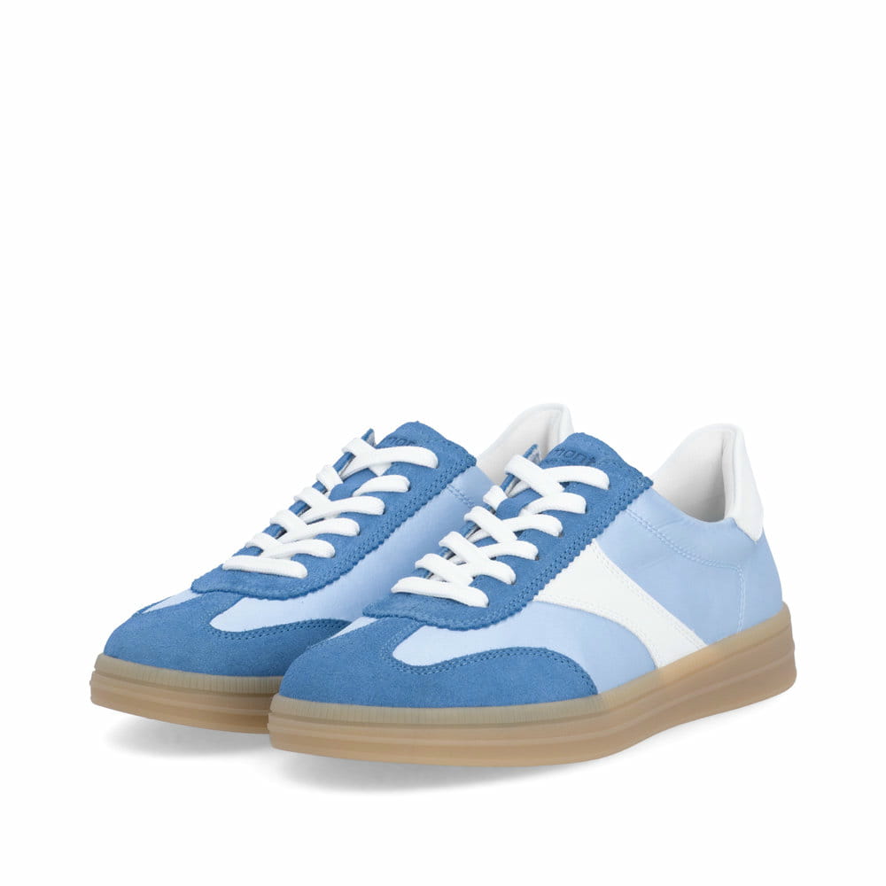 Blauweiße remonte Damen Sneaker D2C01-10 mit Schnürung sowie der Komfortweite G. Schuhpaar seitlich schräg.