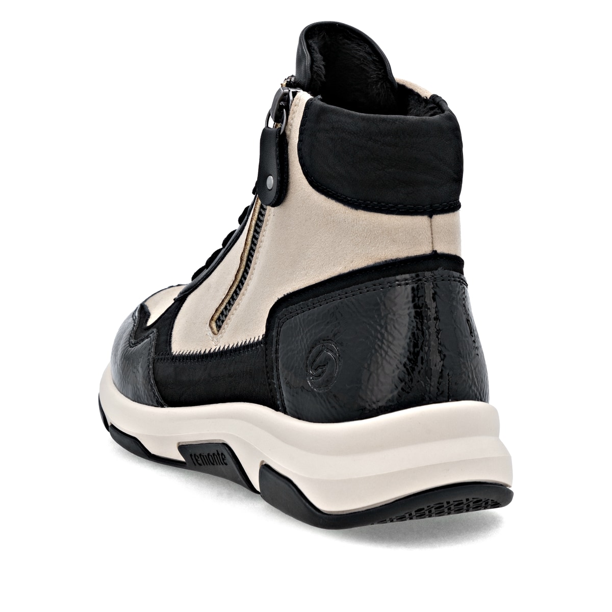 Schwarzbeige remonte Damen Schnürstiefel D1S70-04 mit einem Reißverschluss. Schuh von hinten.