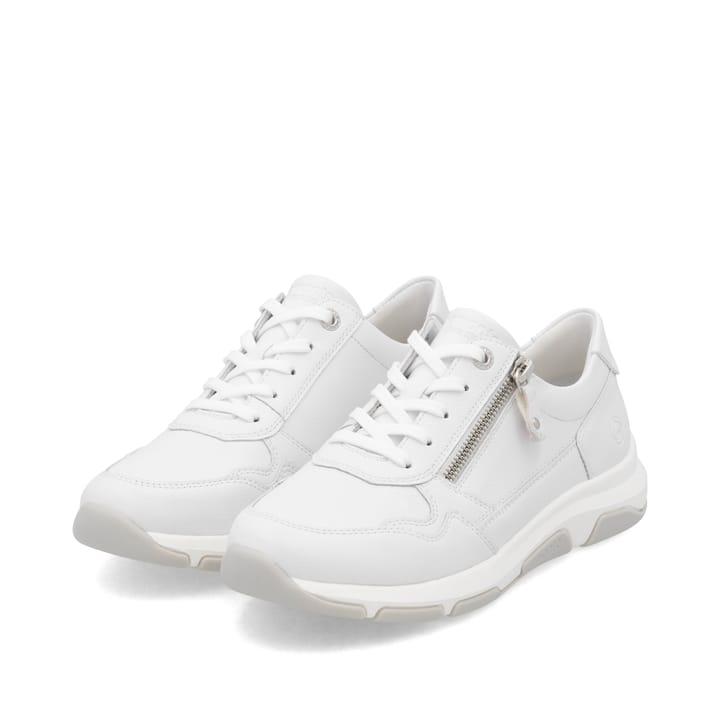 Weiße remonte Damen Sneaker Low D1S03-82 mit Reißverschluss sowie Komfortweite G. Schuhpaar seitlich schräg.