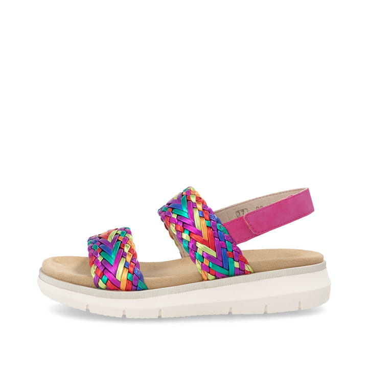 Mehrfarbige vegane remonte Riemchensandalen D2K52-90 mit einem Klettverschluss. Schuh Außenseite.