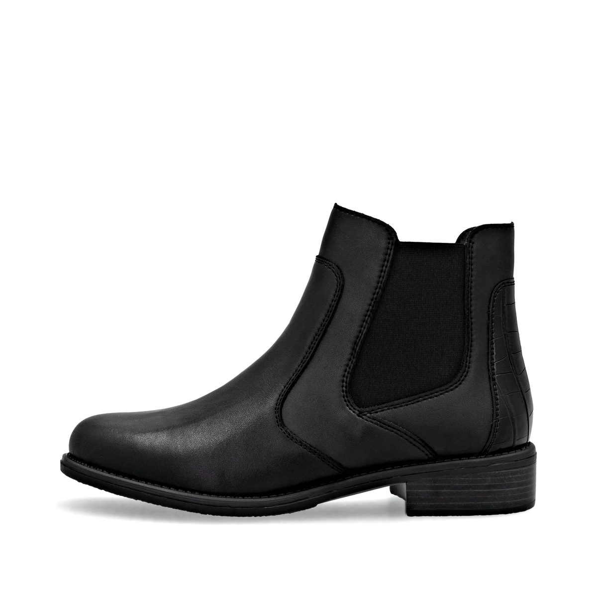 Schwarze remonte Chelsea Boots D0F70-00 mit einem Reißverschluss. Schuh Außenseite.