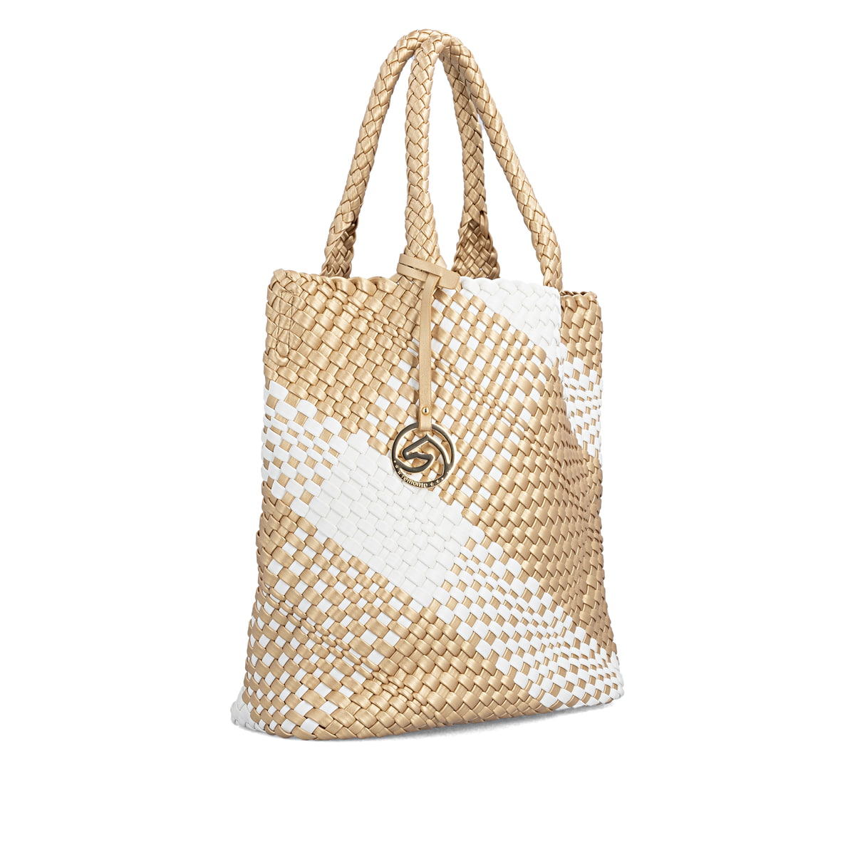 Sac à main remonte Q0761-81 beige avec design tressé et poche amovible. Côté gauche.