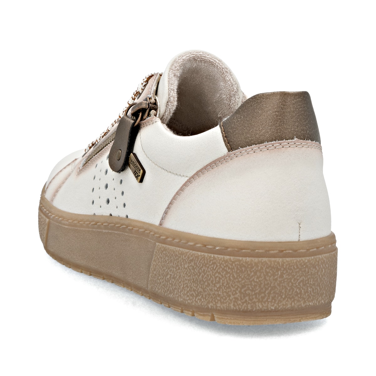 Beige remonte Damen Sneaker D2T00-60 mit wasserabweisender remonteTEX-Membran. Schuh von hinten.
