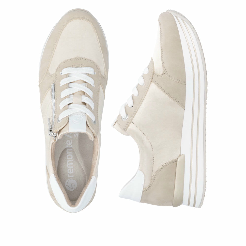 Goldene vegane remonte Damen Sneaker Low D1316-90 mit einem Reißverschluss. Schuh von oben, liegend.