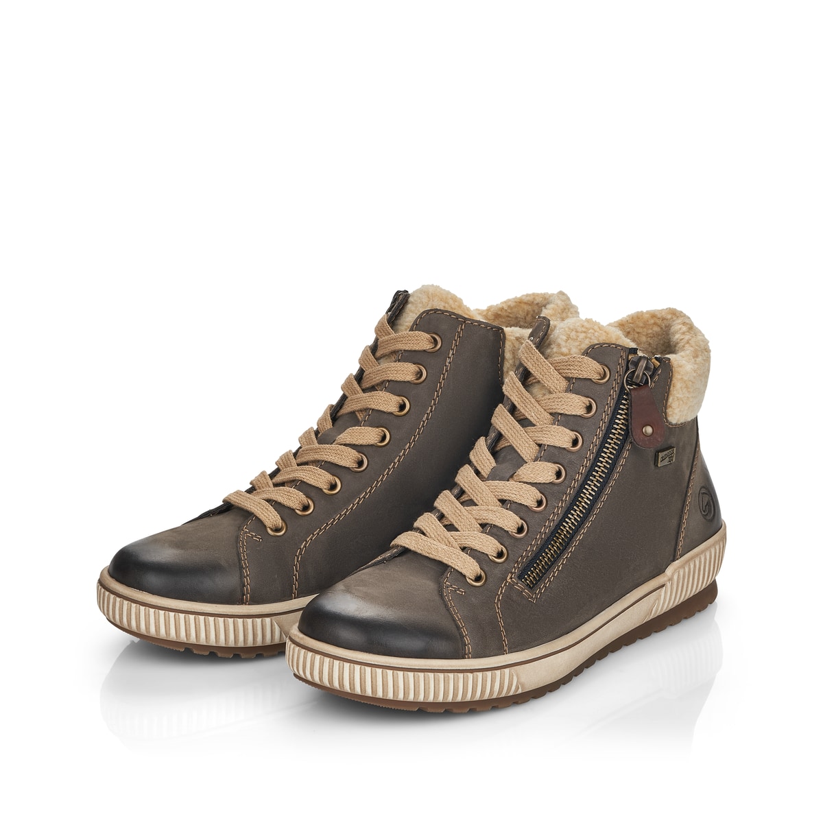 Felsengraue remonte Damen Schnürschuhe D0770-45 mit Schnürung und Reißverschluss. Schuhpaar schräg.