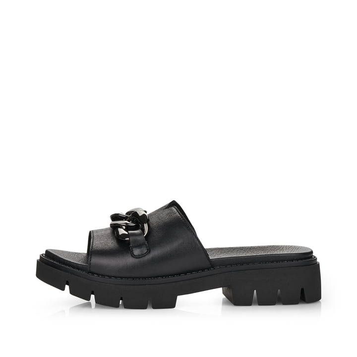 
Graphitschwarze remonte Damen Pantoletten D7952-00 mit einer dämpfenden Sohle. Schuh Außenseite