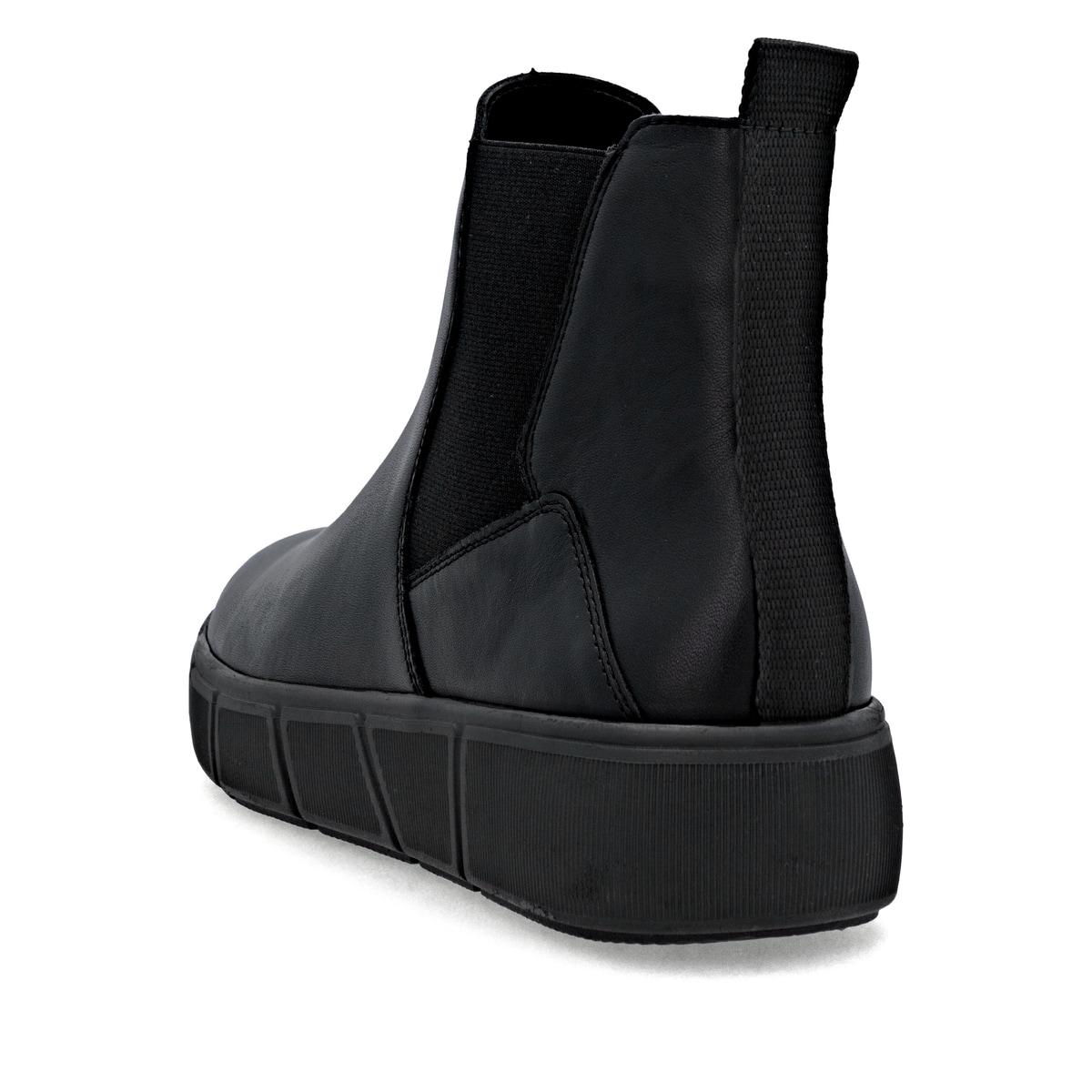 Schwarze remonte Chelsea Boots D1T71-01 mit Reißverschluss sowie Komfortweite G. Schuh von hinten.