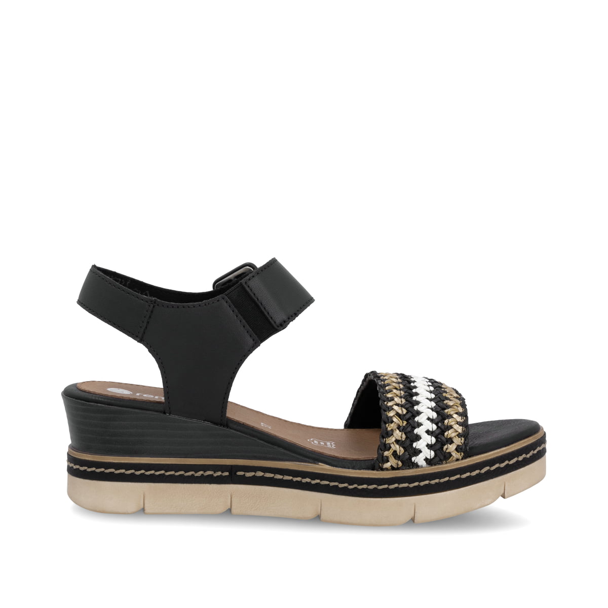 Schwarze remonte Keilsandaletten D2L55-03 mit einem Klettverschluss. Schuh Innenseite.