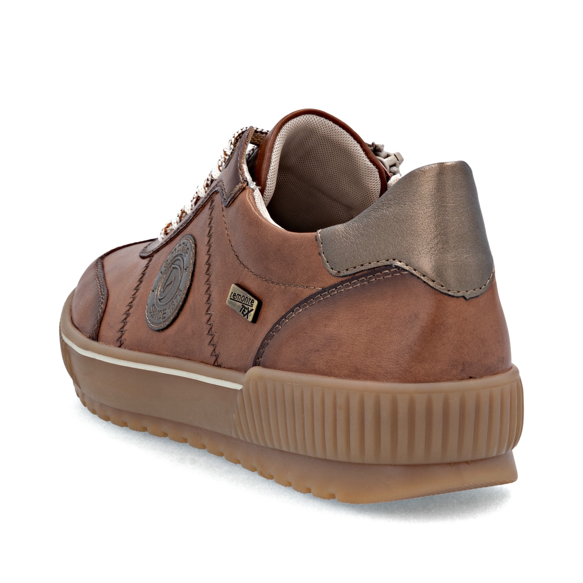 Braune remonte Damen Sneaker D0702-24 mit wasserabweisender remonteTEX-Membran. Schuh von hinten.