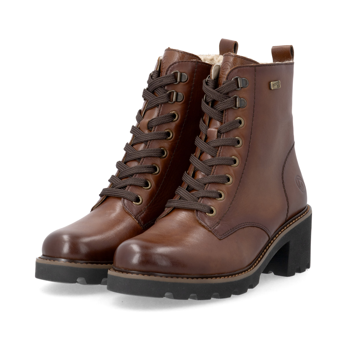Braune remonte Damen Schnürstiefel D0A81-24 mit wasserabweisender TEX-Membran. Schuhpaar seitlich schräg.