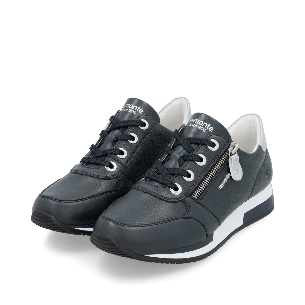 Blaue remonte Damen Sneaker Low D0H11-14 mit einem Reißverschluss. Schuhpaar seitlich schräg.