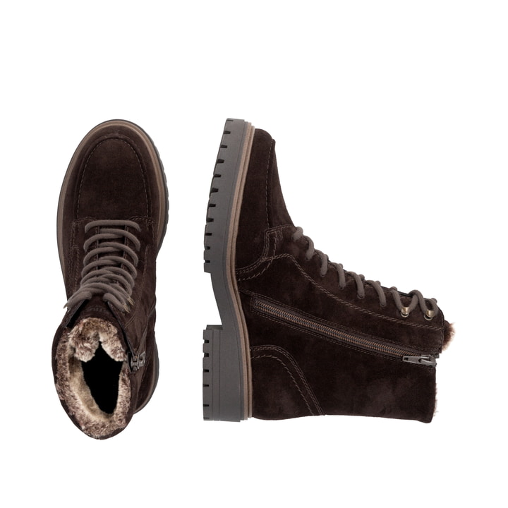 Dunkelbraune remonte Damen Schnürstiefel D4B70-25. Schuh von oben, liegend.