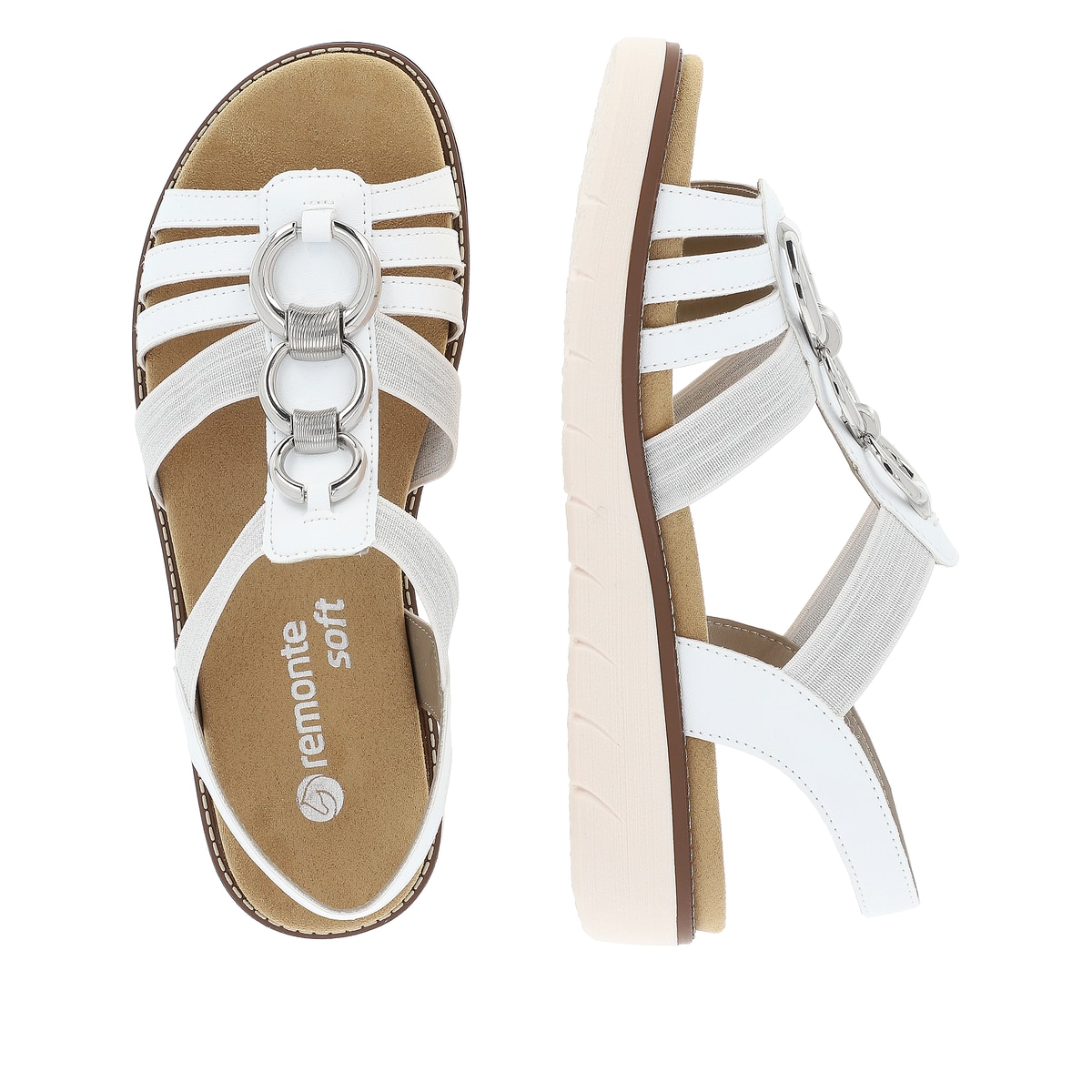 Weiße vegane remonte Riemchensandalen D2073-80 mit einem Gummizug. Schuh von oben, liegend.