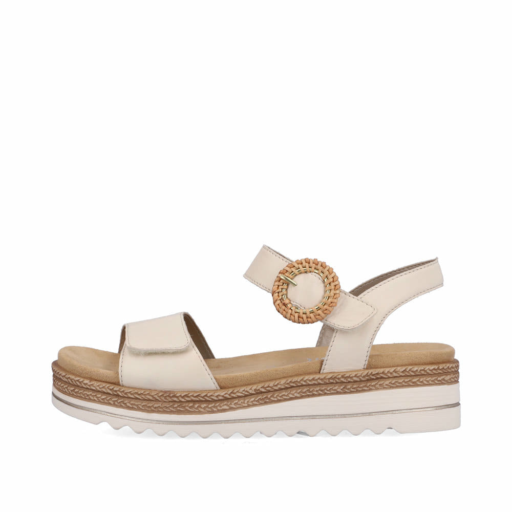 Beige remonte Riemchensandalen D0Q52-60 mit einem Klettverschluss. Schuh Außenseite.