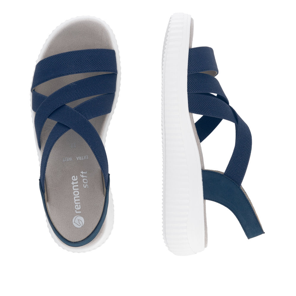 Blaue remonte Riemchensandalen D3L52-14 mit einem Gummizug sowie Extraweite H. Schuh von oben, liegend.