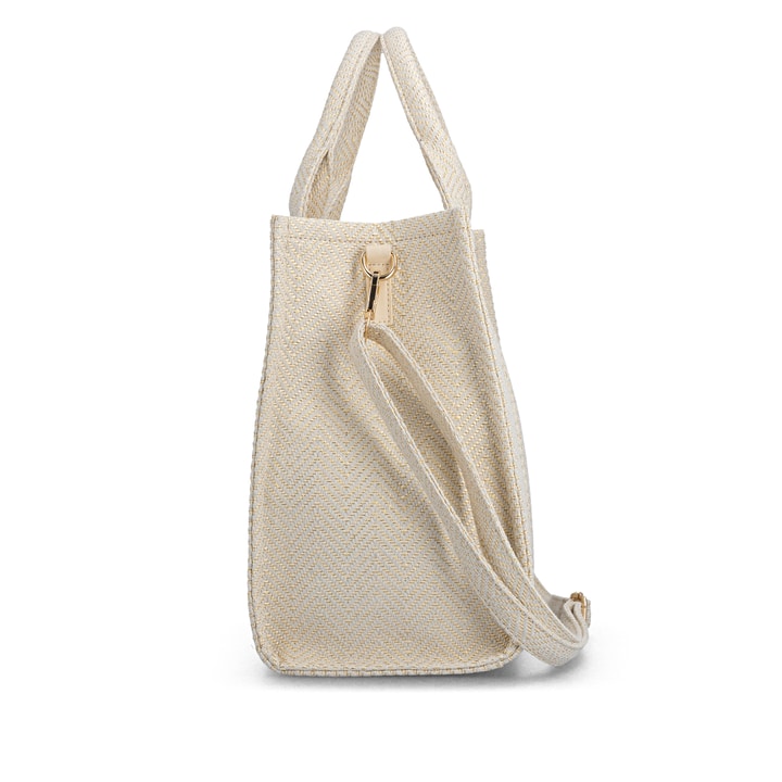 Sac à main remonte Q0766-90 beige avec tissu tressé et fermeture éclair. Côté droit.