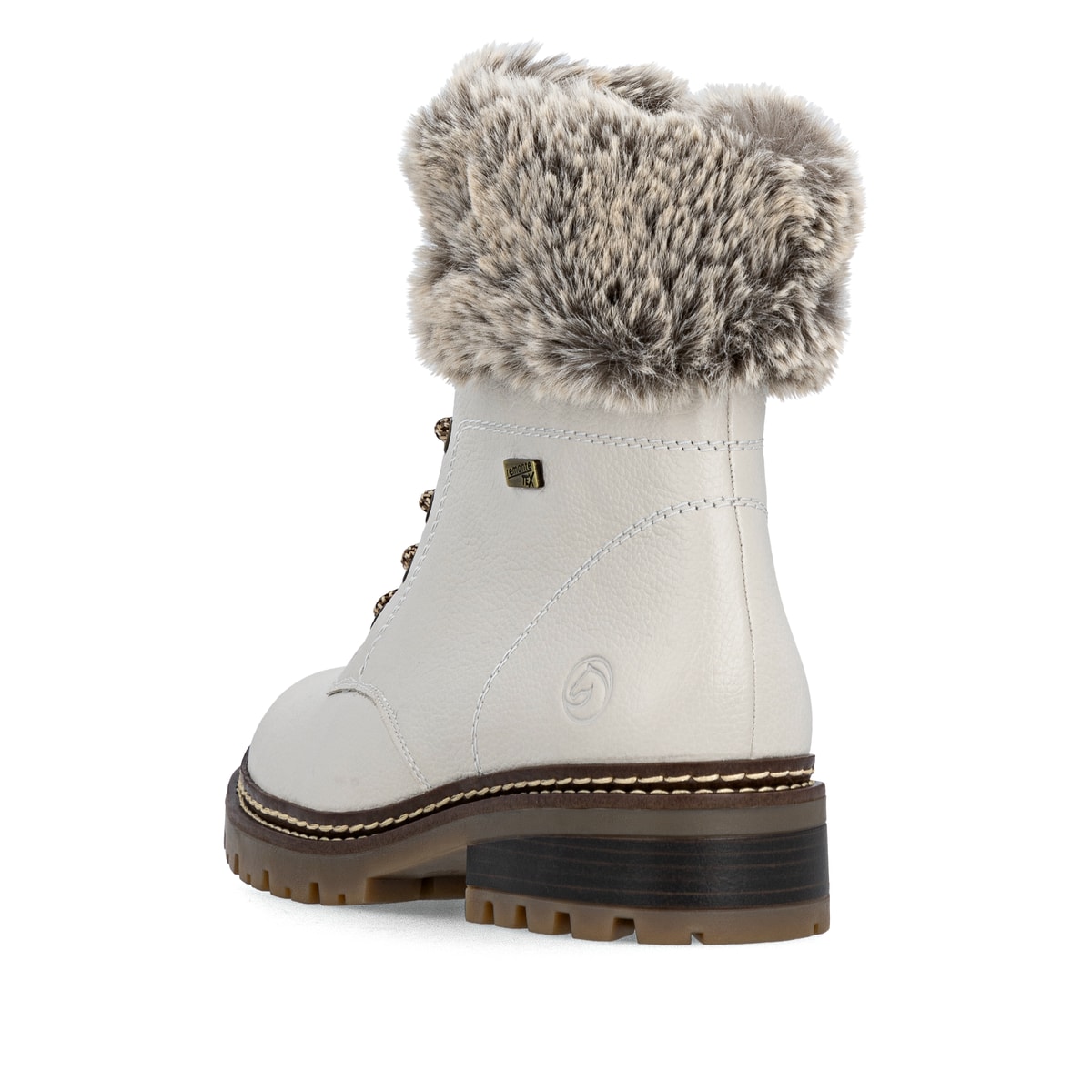 Cremeweiße remonte Damen Schnürstiefel D0B74-80 mit griffiger Glass-Fibre Sohle. Schuh von hinten