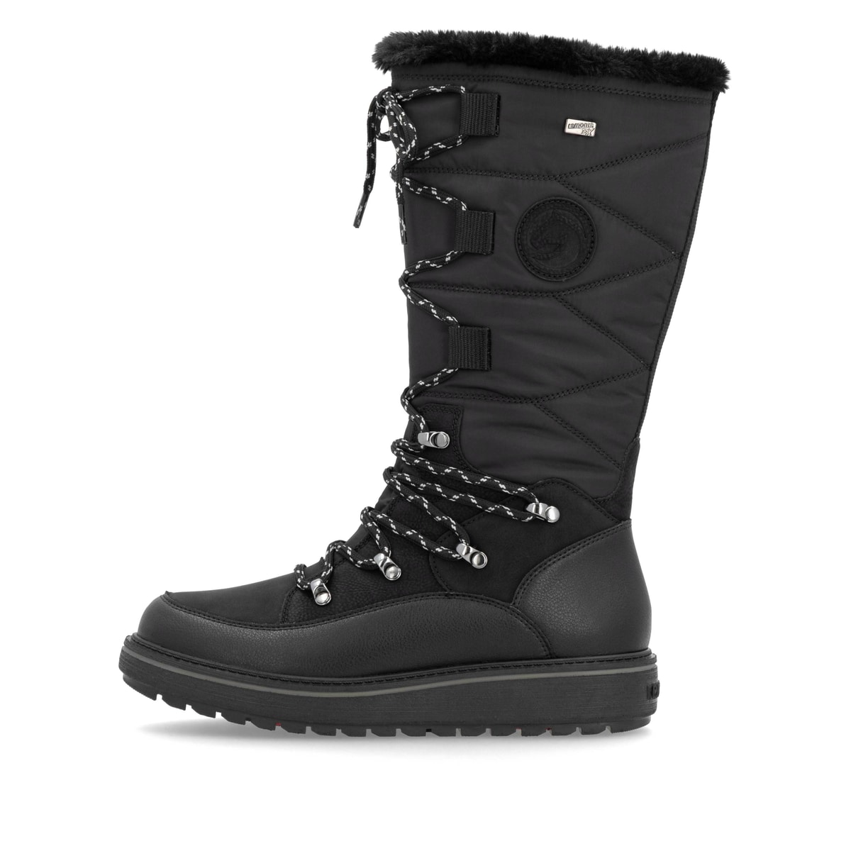 Nachtschwarze remonte Hochschaftstiefel D0U77-00 mit Flip-Grip Sohle. Schuh Außenseite.