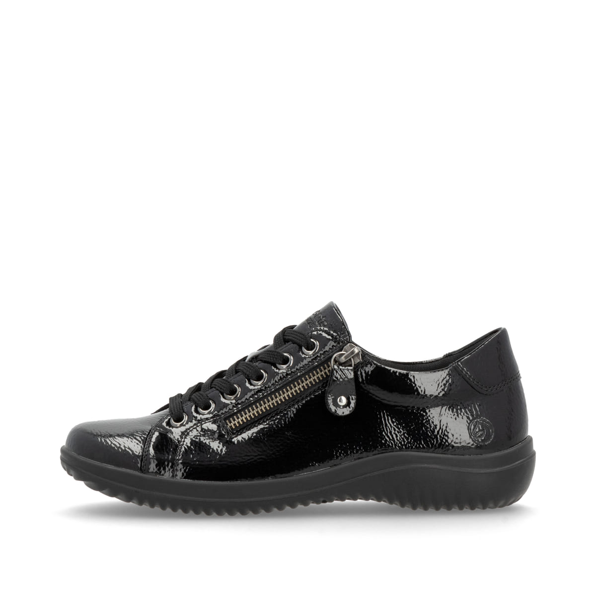 Schwarze remonte Damen Schnürschuhe D1E03-01 mit einem Reißverschluss. Schuh Außenseite.