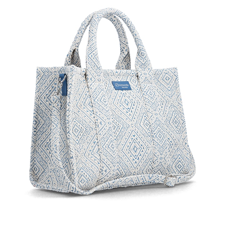 Sac à main remonte Q0766-12 bleu avec tissu tressé et fermeture éclair. Côté gauche.