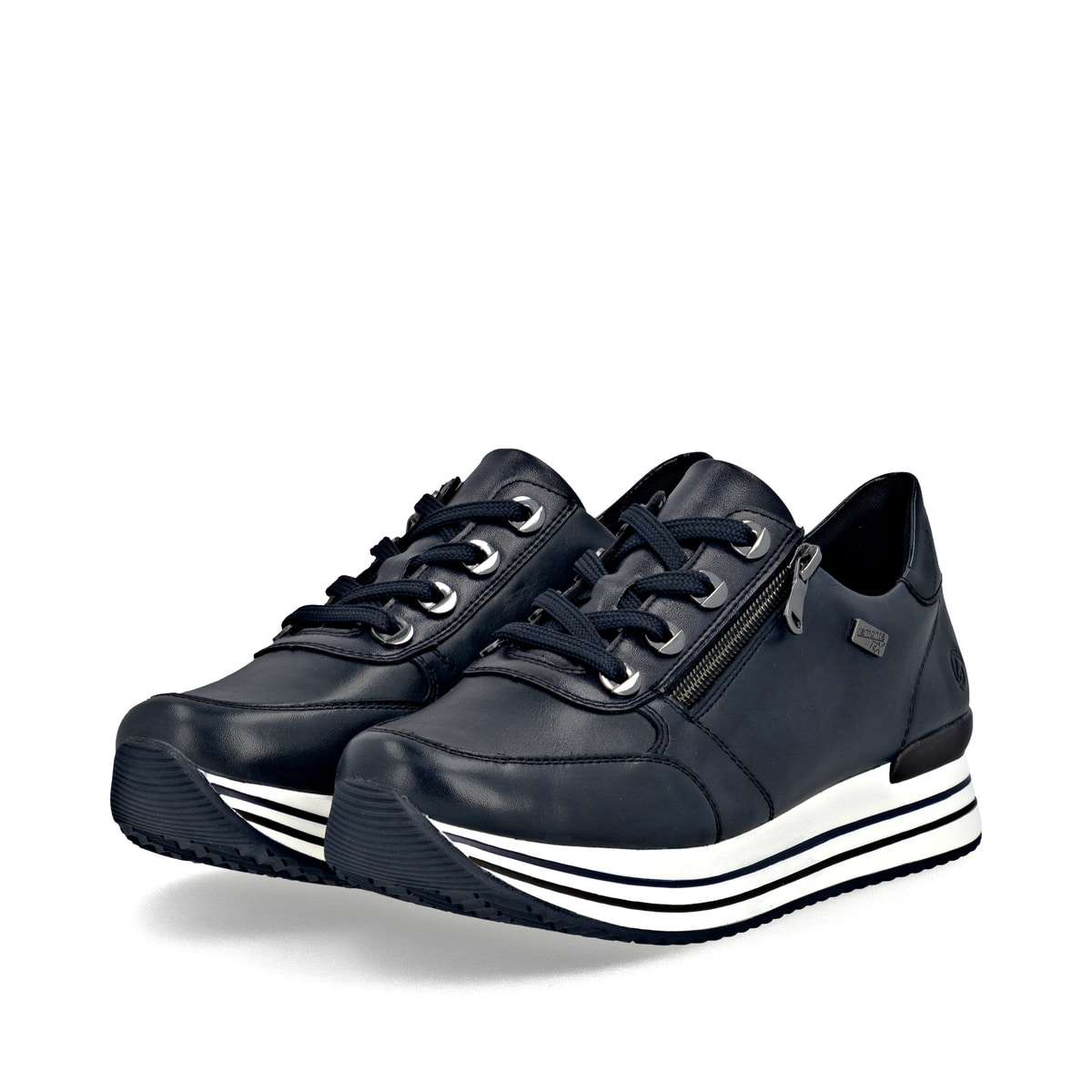 Blaue remonte Damen Sneaker D1302-14 mit wasserabweisender remonteTEX-Membran. Schuhpaar seitlich schräg.