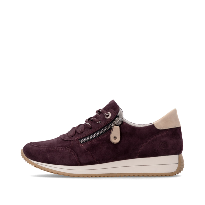 Weinrot-beige remonte Damen Sneaker D0H19-30 mit einem Reißverschluss. Schuh Außenseite.