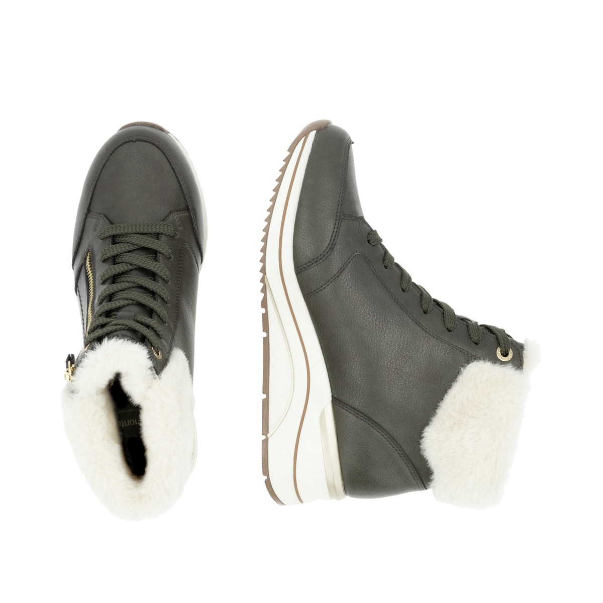 Grüne remonte Damen Schnürstiefel D0T77-52 mit wasserabweisender TEX-Membran. Schuh von oben, liegend.
