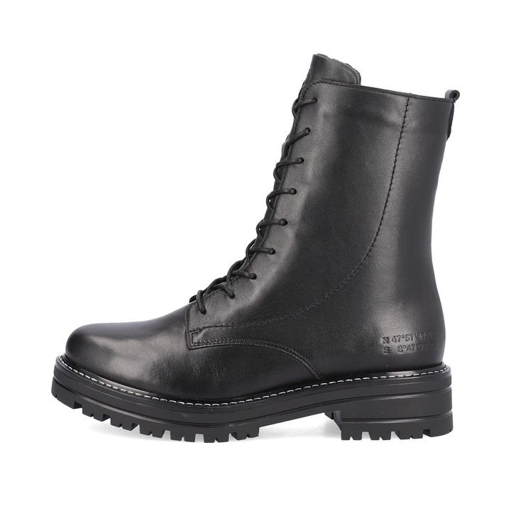 
Tiefschwarze remonte Damen Biker Boots D2278-01 mit einer dämpfenden Profilsohle. Schuh Außenseite