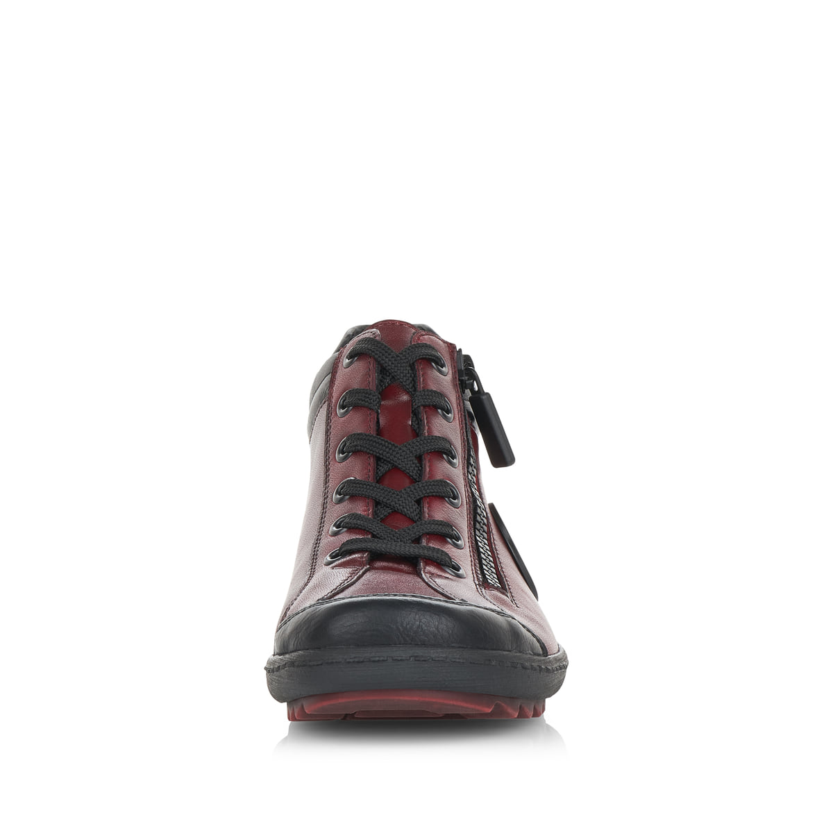 Weinrot-schwarze remonte Damen Schnürstiefel R1477-35 mit einem Reißverschluss. Schuh von vorne.