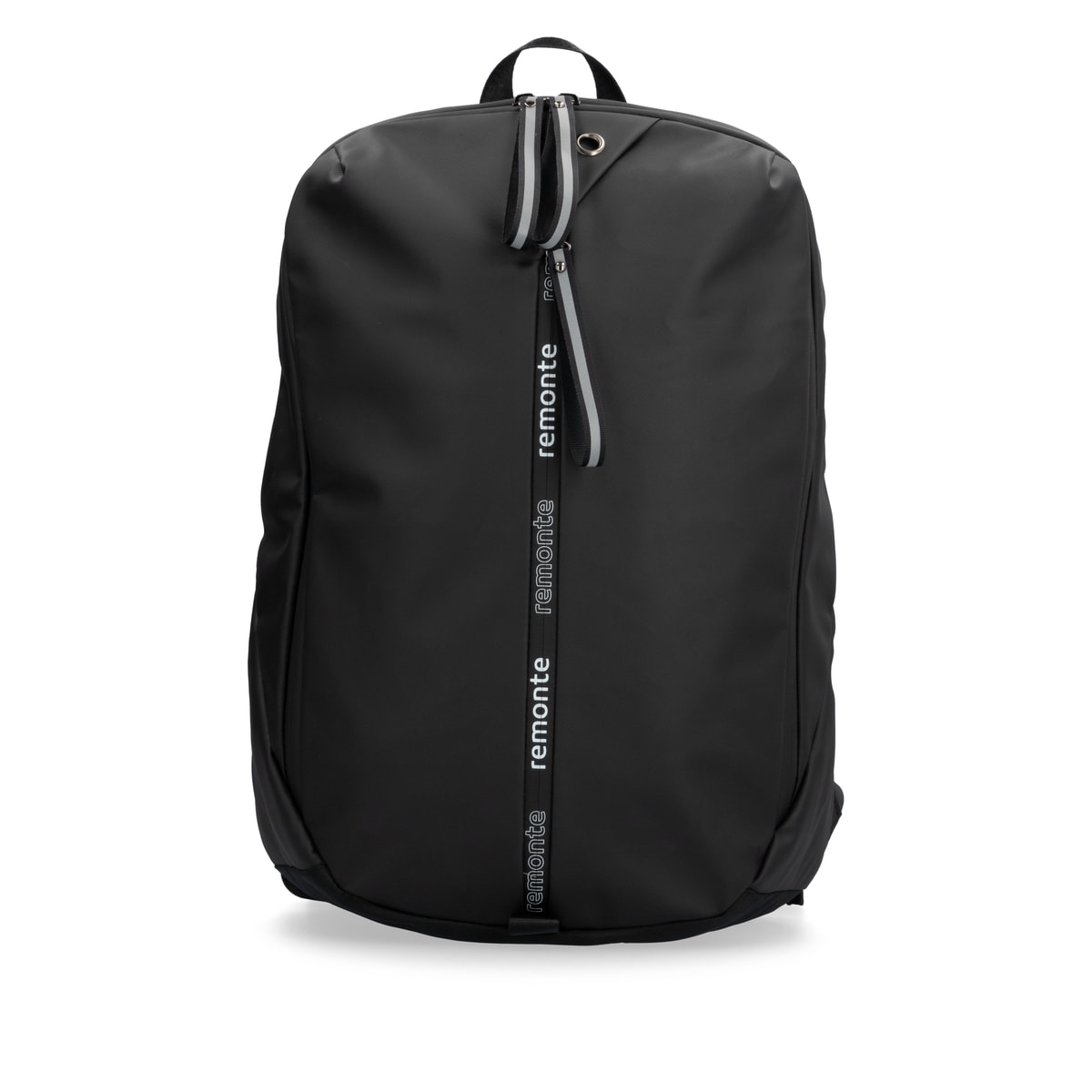 Shoppe jetzt den remonte Rucksack Q0531-00 in Schwarz mit mattem Finish, Reißverschluss, Laptopfach und reflektierenden Schlaufen an den Reißverschlüssen. Vorderseite.