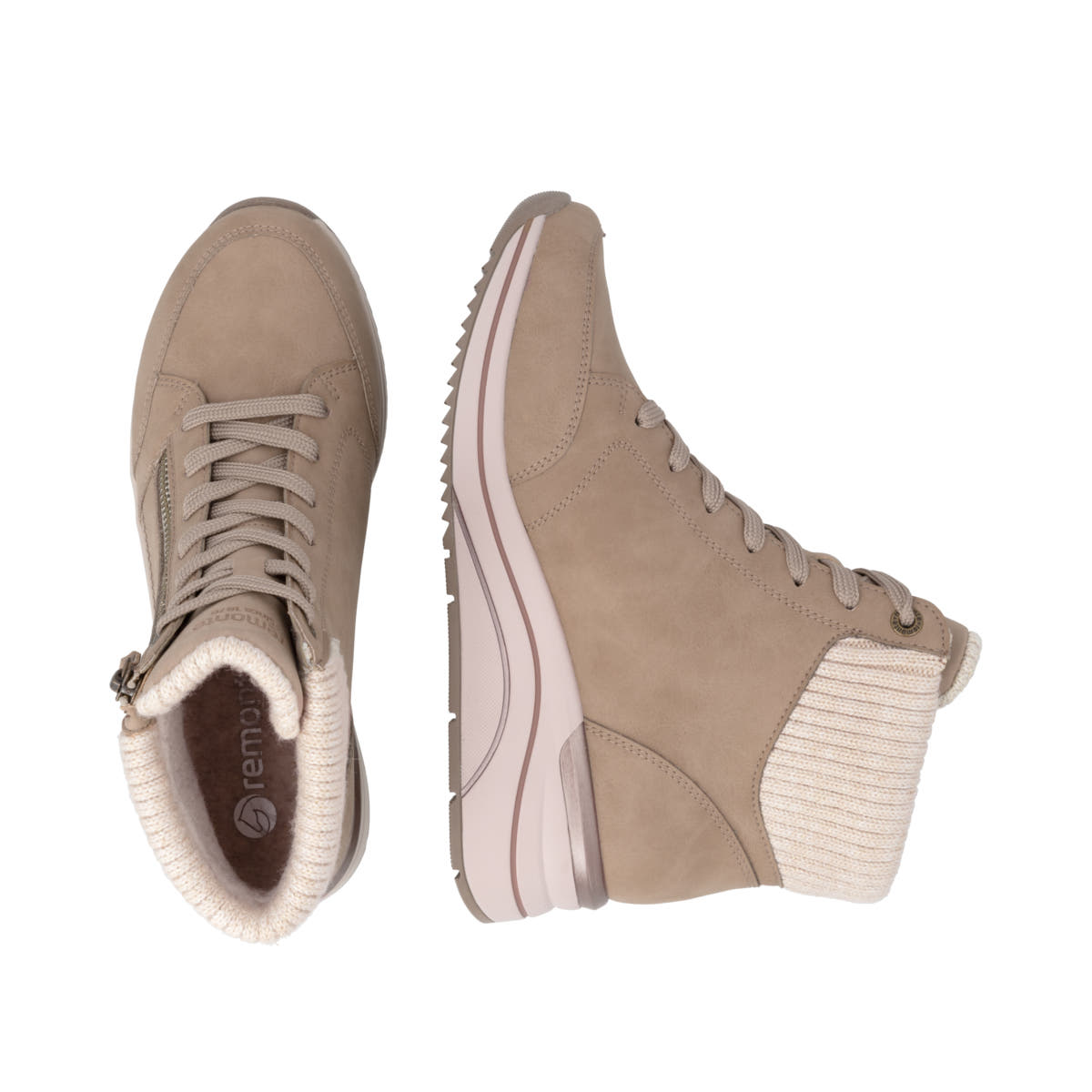Camelfarbene remonte Damen Schnürstiefel D0T77-21. Schuh von oben, liegend.