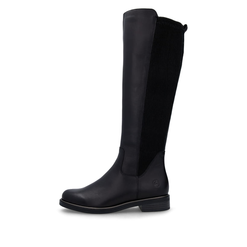 Glanzschwarze remonte Damen Hochschaftstiefel D8371-01 mit einer Profilsohle. Schuh Außenseite