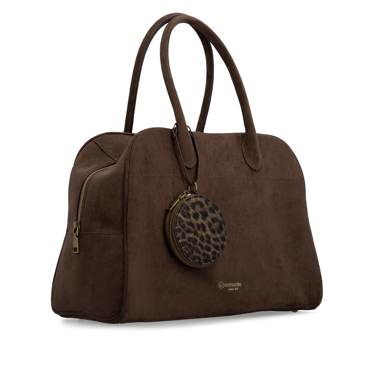 remonte Handtasche Q0737-25 in Braun mit Reißverschluss, kleiner Tasche als Anhänger und Wildleder-Optik. Linksseitig.