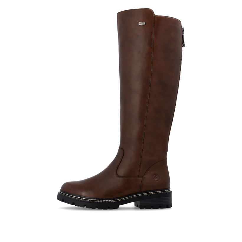 Karamellbraune remonte Damen Hochschaftstiefel D0B72-22 mit einer Profilsohle. Schuh Außenseite
