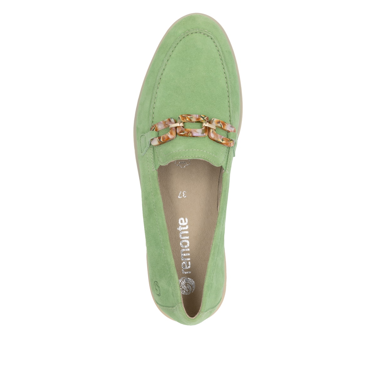 Grüne remonte Damen Loafer D2F00-52 mit Gummizug sowie gepolsterter Einlegesohle. Schuh von oben.