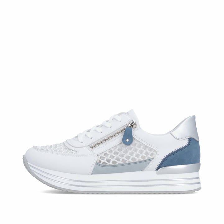 Weißblaue vegane remonte Damen Sneaker D1329-81 mit einem Reißverschluss. Schuh Außenseite.