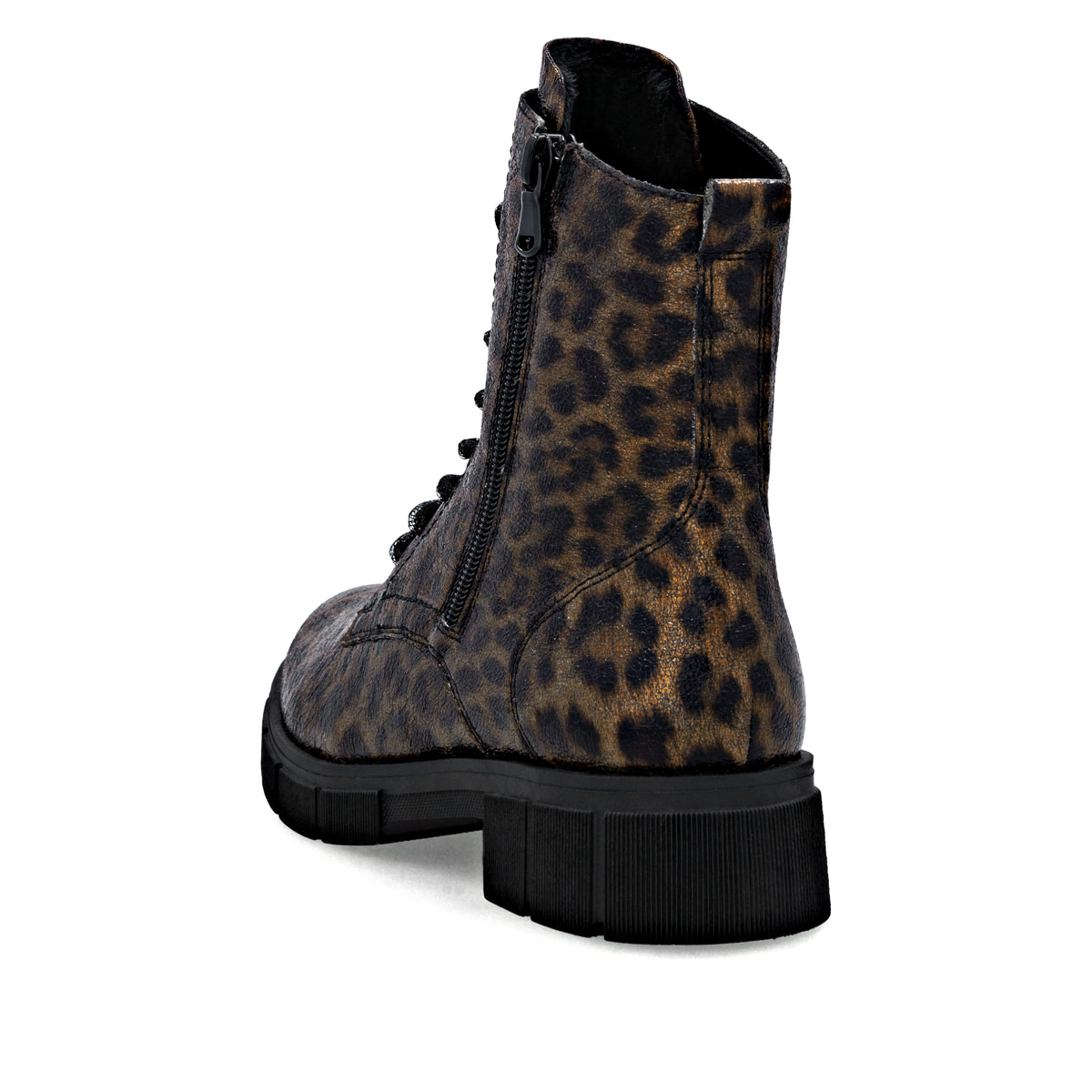 Braunschwarze remonte Damen Schnürstiefel D2S72-90 mit Leo-Print. Schuh von hinten.