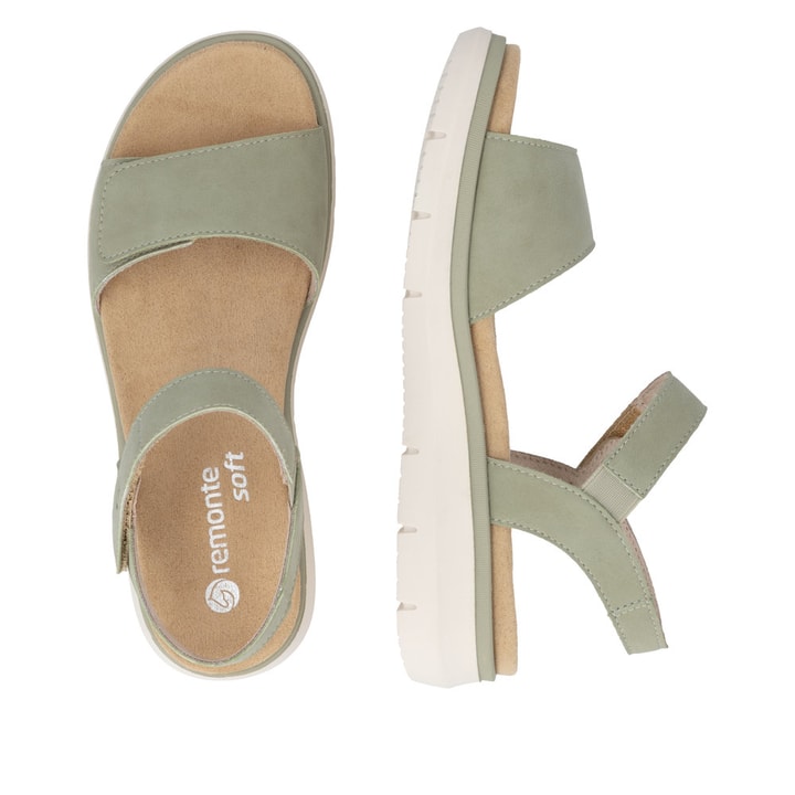 Grüne remonte Riemchensandalen D2K58-52 mit einem Klettverschluss. Schuh von oben, liegend.