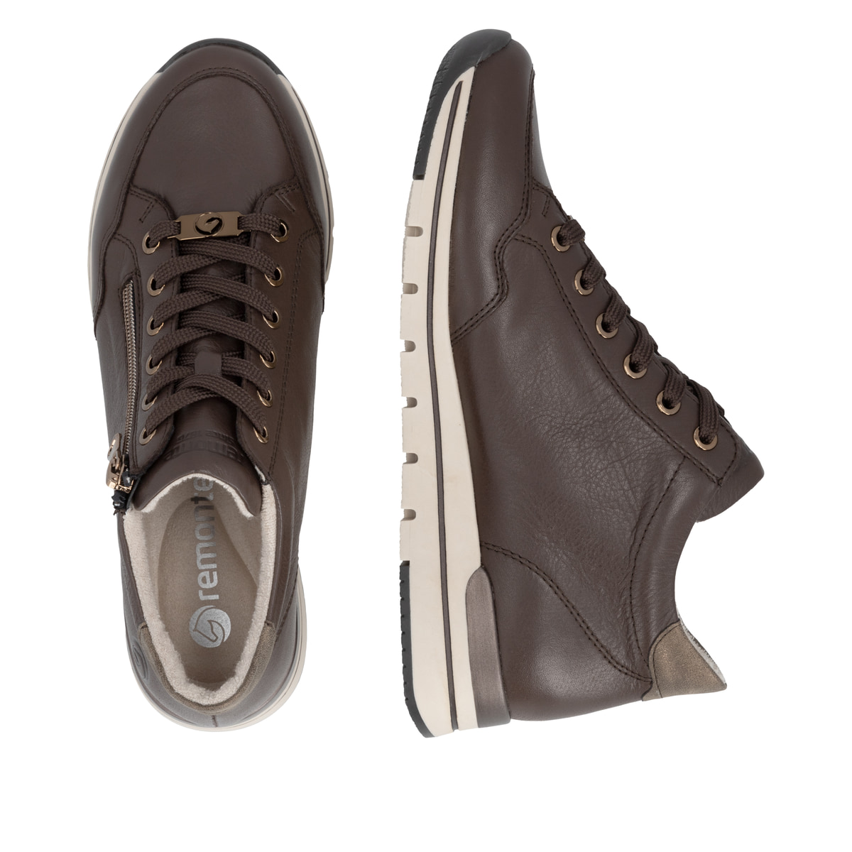Dunkelbraune remonte Damen Sneaker R6777-25 mit wasserabweisender TEX-Membran. Schuh von oben, liegend.