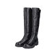 
Asphaltschwarze remonte Damen Hochschaftstiefel D0B72-01 mit einer Profilsohle. Schuhpaar schräg.