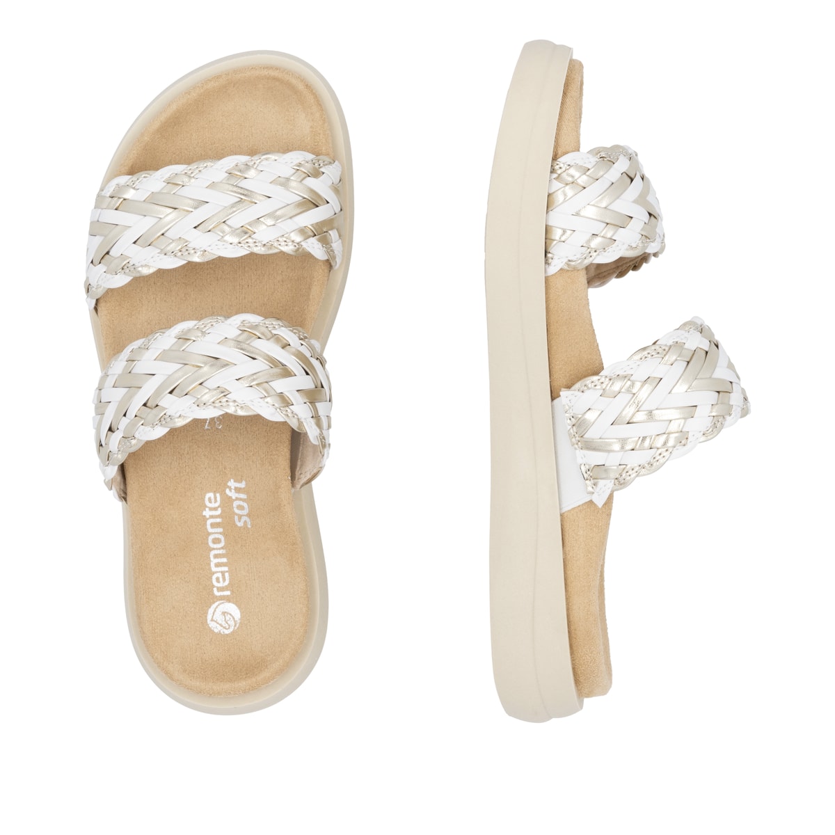 Weiße vegane remonte Damen Pantoletten D2N52-80 mit einem Gummizug. Schuh von oben, liegend.