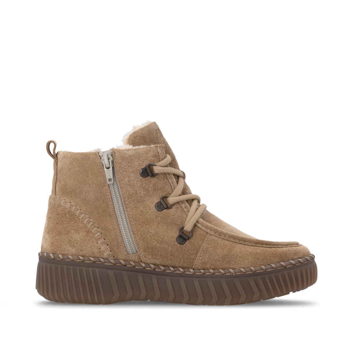 Camelfarbene remonte Damen Schnürstiefel D4A72-20 mit Mokassin-Optik. Schuh Innenseite.