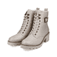 
Hellbeige remonte Damen Biker Boots D0A74-60 mit Schnürung und Reißverschluss. Schuhpaar schräg.